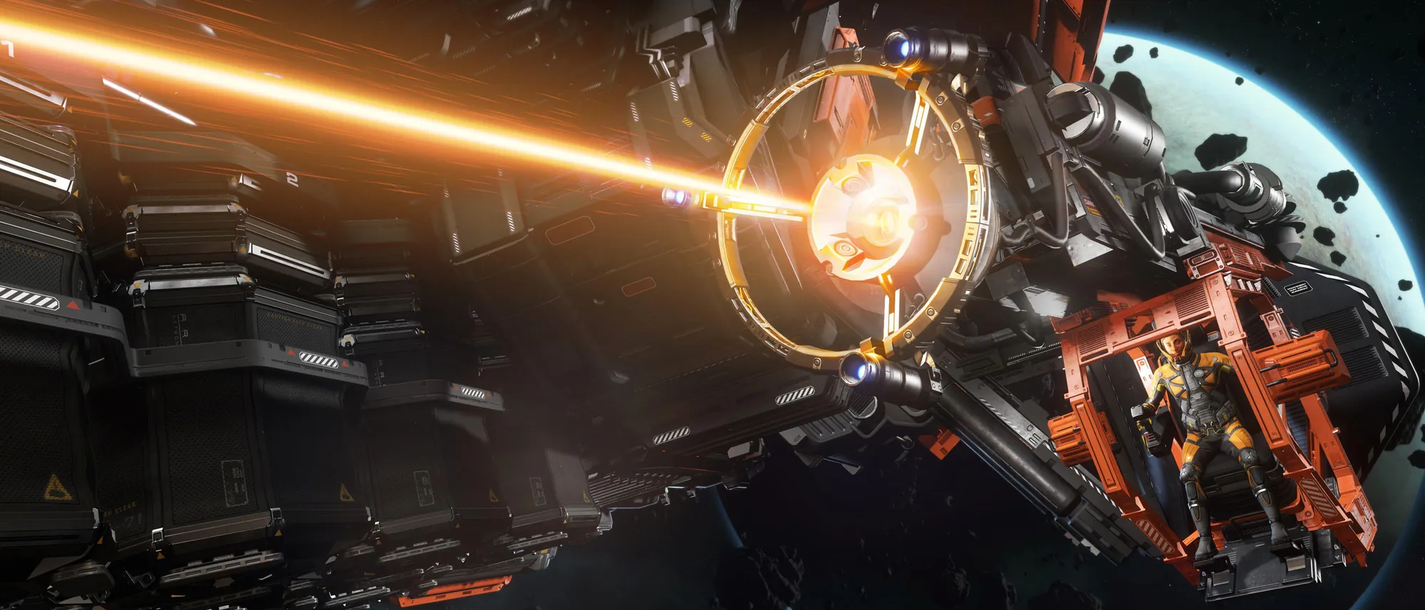 An ARGO MOLE turret firing its mining laser at an asteroid