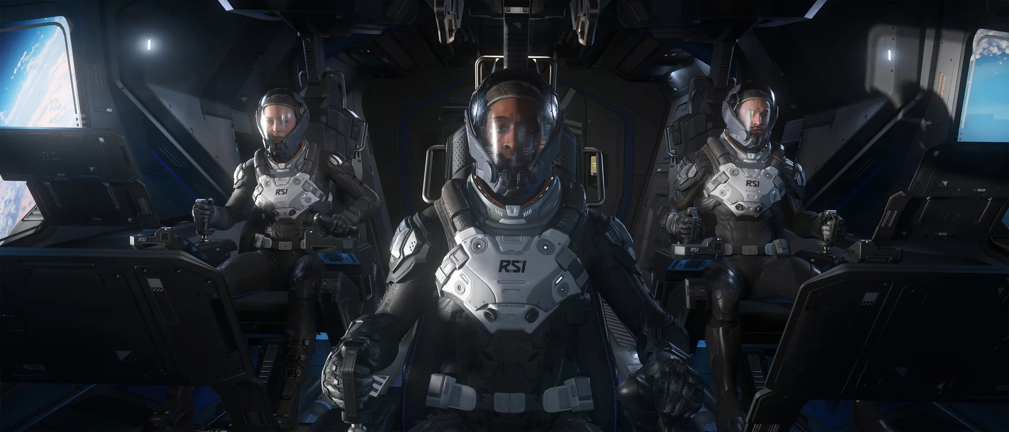 A crew of three in the cockpit of a Zeus Mk II