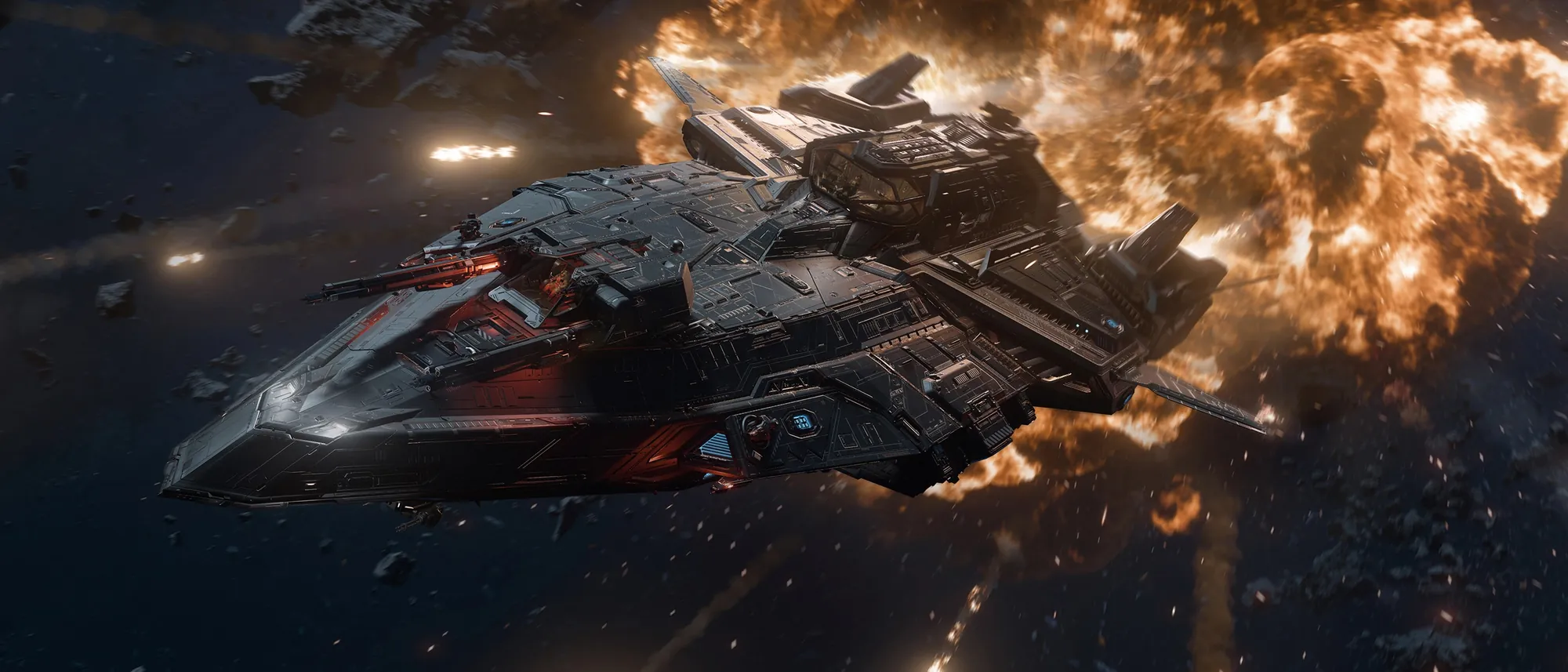 An RSI Perseus firing its guns in a space battle