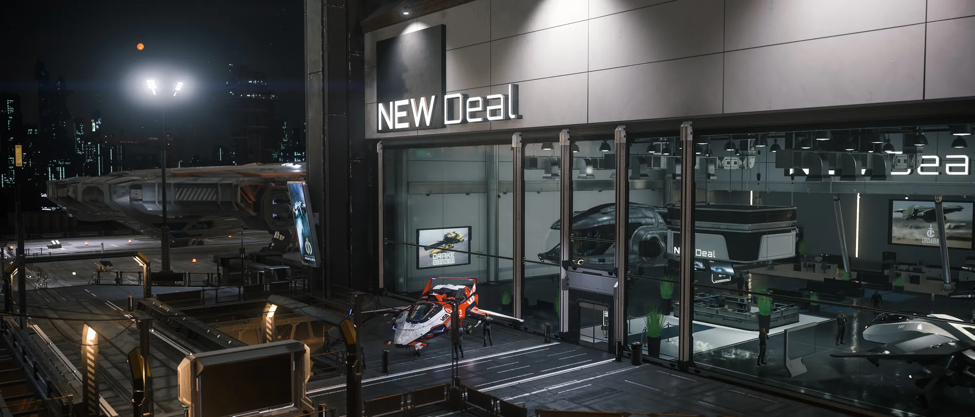 The New Deal ship showroom in Lorville at night